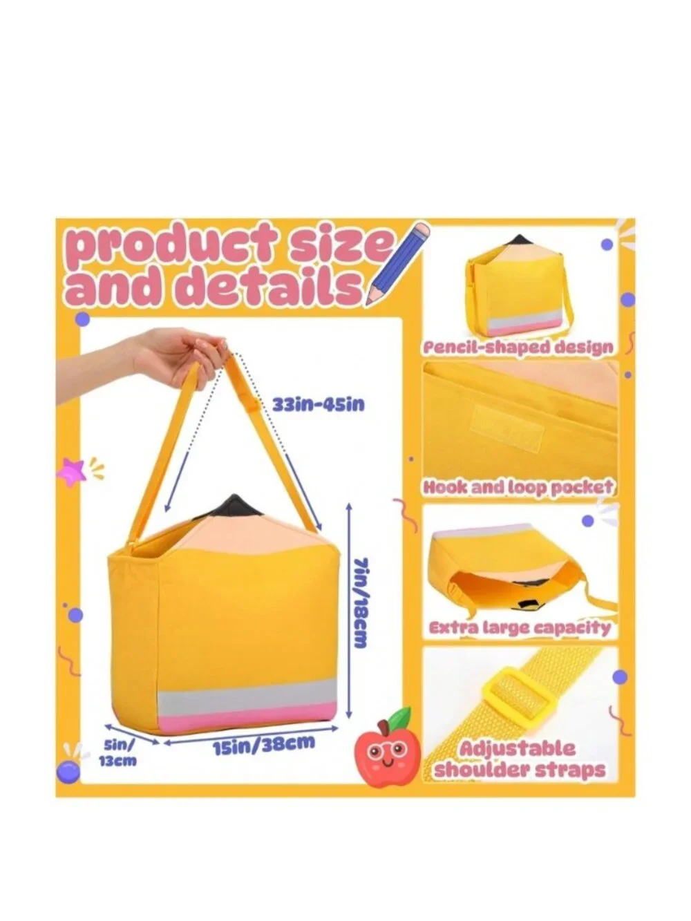 Pencil Shaped Tote Bags Set Yellow Teacher Back-To-School Supplies